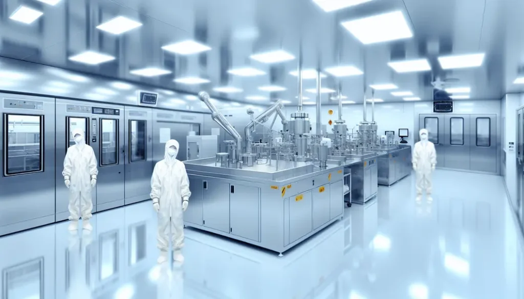 Advanced clean room with technological equipment and staff in protective gear.
