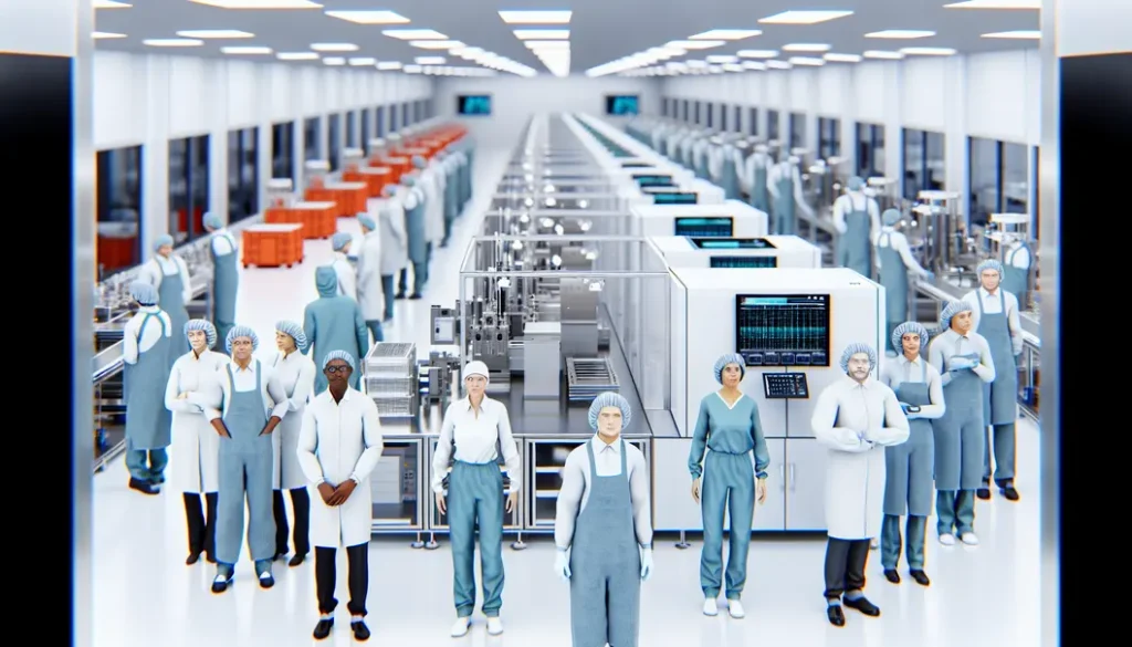 Modern cleanroom facility with staff in protective gear, showcasing efficiency.
