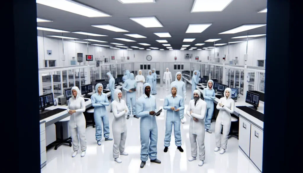 Phòng sạch hiện đại với kỹ sư trong bộ đồ bảo hộ.