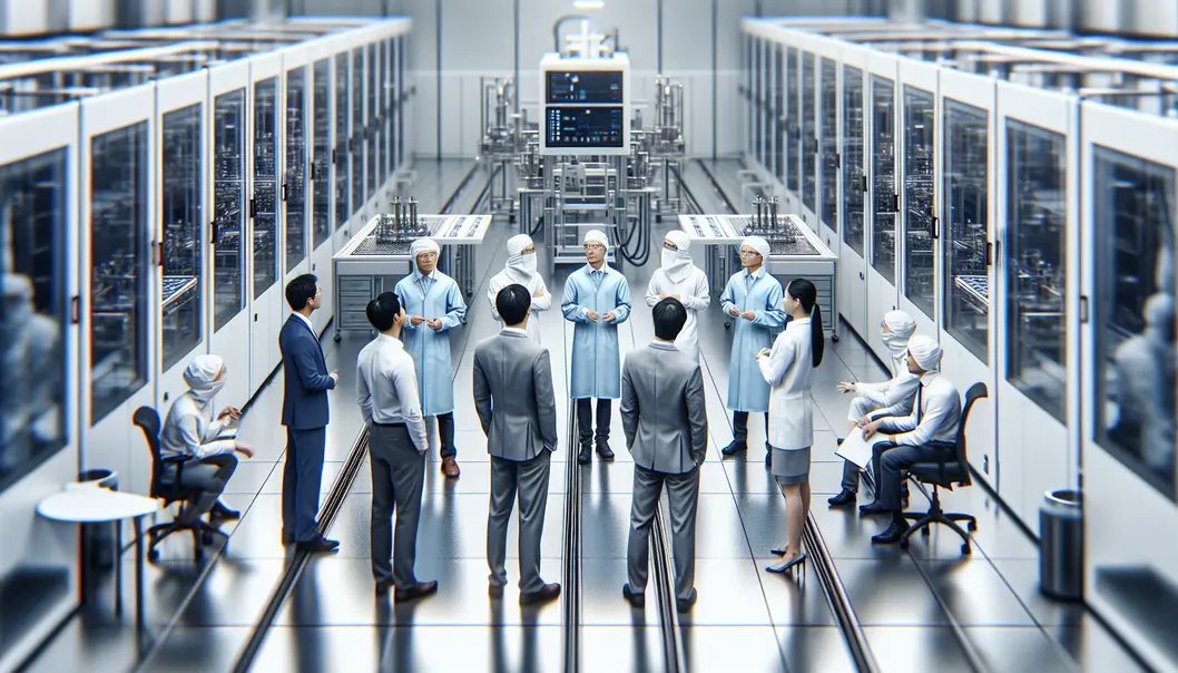 Đội ngũ kỹ sư đang kiểm tra một công trường thi công phòng sạch.