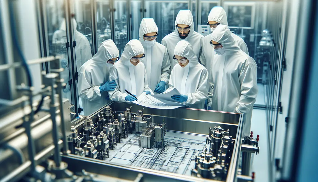 Đội ngũ kỹ sư đang kiểm tra một công trường thi công phòng sạch.