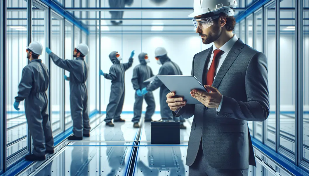 Đội ngũ kỹ sư đang kiểm tra một công trường thi công phòng sạch.