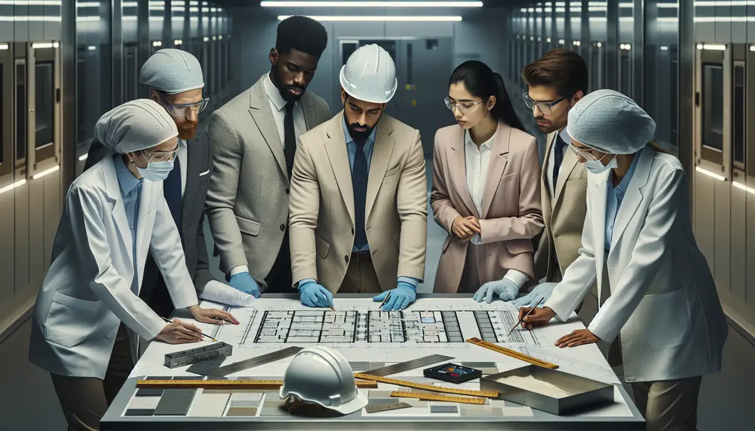 Đội ngũ kỹ sư đang kiểm tra một công trường thi công phòng sạch.
